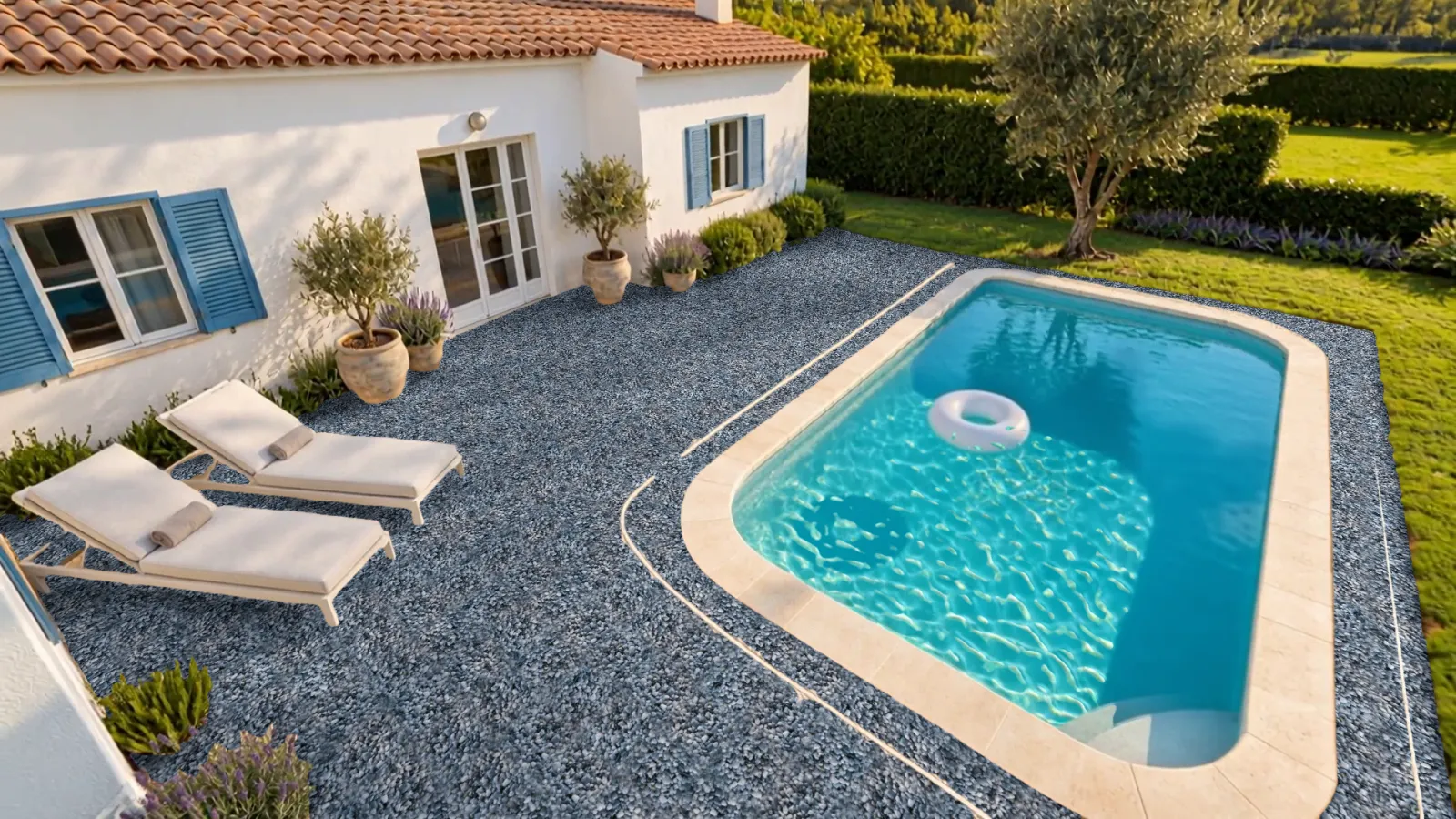 Patio with pool and Gris Bleuté 2/5 pebble resin paving (simulation)